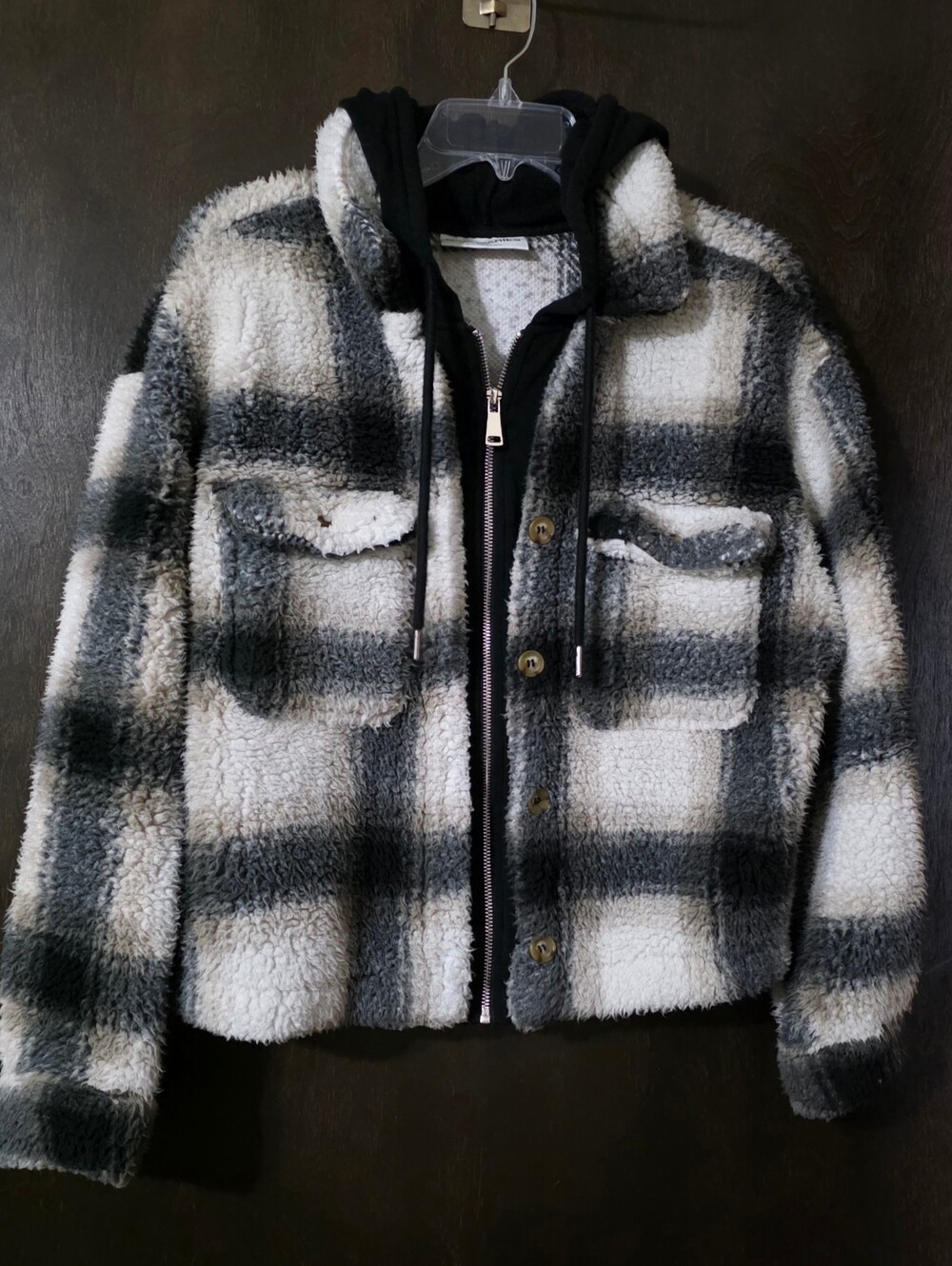 No Boundaries Black White Plaid Sherpa Shirt Jacket with Hooded Liner Size M